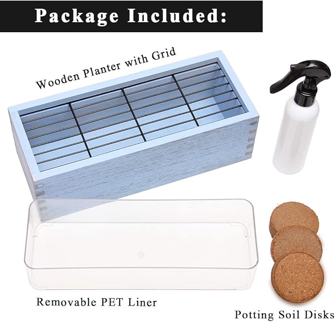 Wooden Cat Grass Planter (no Seeds Included) with Potting Soil Disks, Anti-Digging Grid and Removable Plastic Liner, Wheat Grass Growing Pot, Cat Grass Kit for Indoor Cats Pets (Amber Blue)
