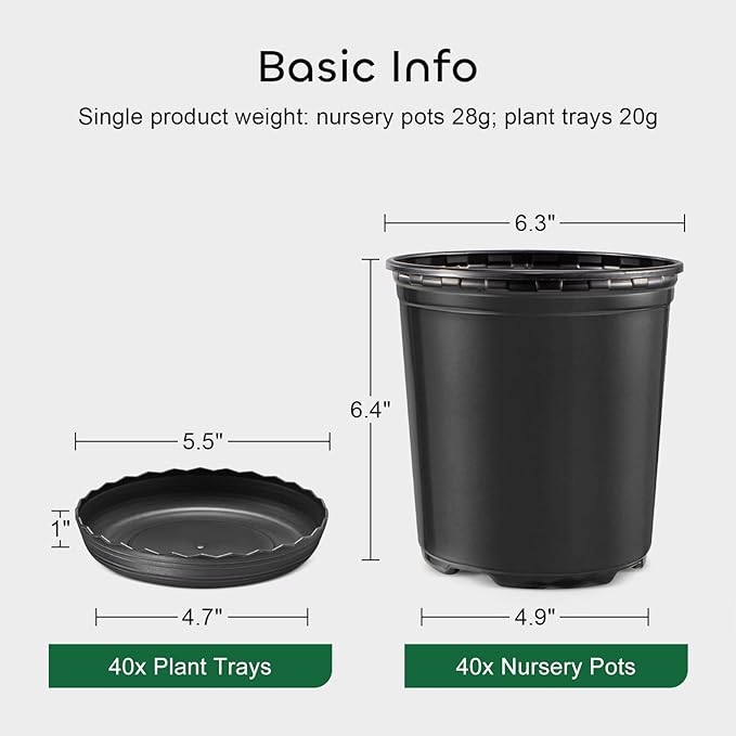 GROWNEER 40 Set 6‘’ 1 Gallon Nursery Pot for Plants Flexible Flower Pots with Drainage Hole and Saucer Plant Container for Indoor Outdoor Seedlings Vegetables Succulents Cuttings(Black)