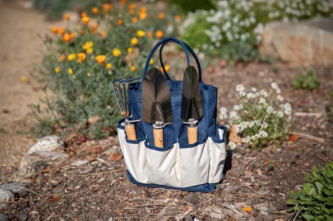 PICNIC TIME Disney Mickey Mouse & Minnie Mouse Garden Bag with Tool Set, Garden Tool Organizer Bag, Gardening Tools Gifts for Women and Men, (Navy Blue with Beige Accents)