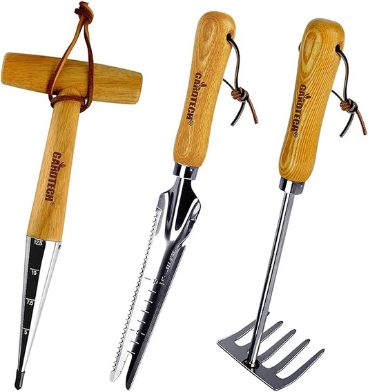 Gardtech Garden Tool Set, Made by Real Ash Wood Handle and Thicken Stainless Steel- 3 Pcs Including Garden Hand Trowel, Transplant, Cultivator-Gardening Gifts for Gardener