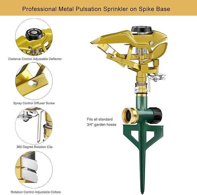 FANHAO Heavy Duty Pulsating Lawn Sprinkler on Spike Base, 100% Metal Impact Sprinkler with Adjustable Spray Pattern for Yard Lawn Irrigation, 360 Degree Large Area Coverage, Covers Up to 8500 sq. ft