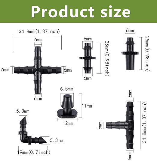 Dianrui 220 PCS Drip Irrigation Kit, Drip Irrigation Parts 1/4'' Tubing Fittings Kit for Garden Lawn Flower Sprinkler Systems-End Plug/ 4-Way Connector/Single barbs/Straight Barbs/Oblique Barbed Tees