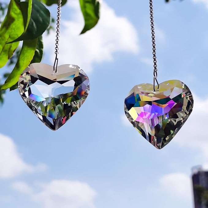 2PCS Simple Geometry Crystal Sun Catcher Prisms, STINO Hanging Suncatchers with Glass Prism, Rainbow Maker for Windows, Balcony, Kitchen, Garden Decoration (1, Heart ABColor 2Pcs)