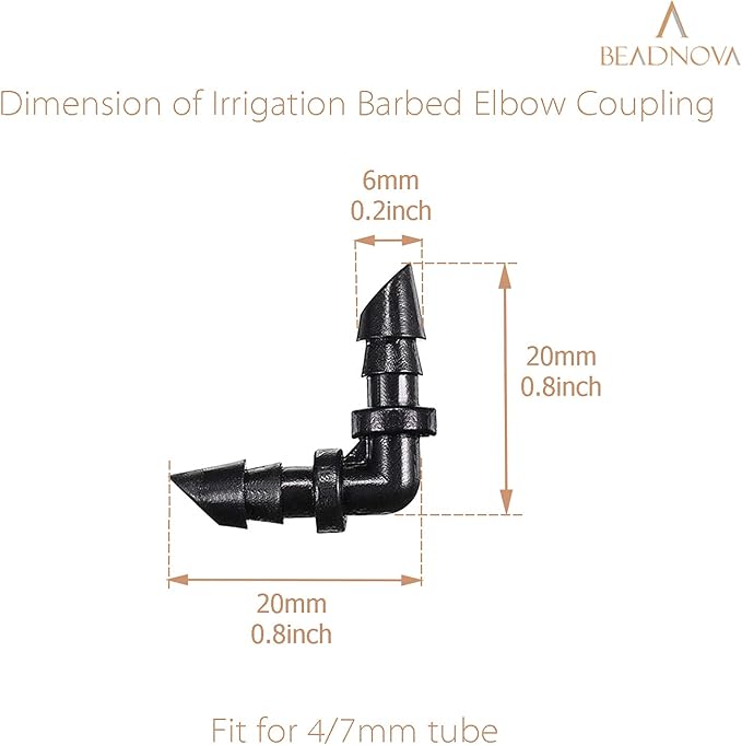BEADNOVA Drip Irrigation Parts 20 Pcs 1/4 Inch Barbed Elbow Couplings Drip Irrigation Fittings Drip Line Connectors for 1/4 Inch Irrigation Tubing Garden Watering System (20pcs)