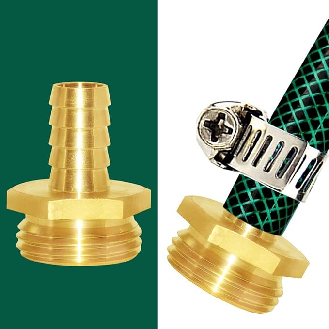 Joywayus 2Pcs 3/8" Barb x 3/4" Male GHT Thread Hex Brass Garden Water Hose Pipe Connector Copper Fitting with Stainless Clamp House/Boat/Lawn/Power Wash/Irrigation