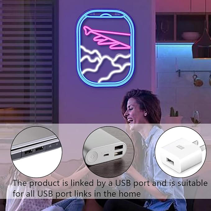 WLHOPE Airplane Window View Neon Signs Blue Pink LED Neon Sign for Wall Decor, USB Plane Window Clouds Neon Light Up Signs for Bedroom Living Room Game Room Office Shop Airport Wall Art Decor
