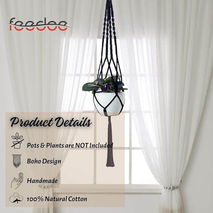 Macrame Plant Hangers - 6 Pack, Black, Indoor/Outdoor, Cotton
