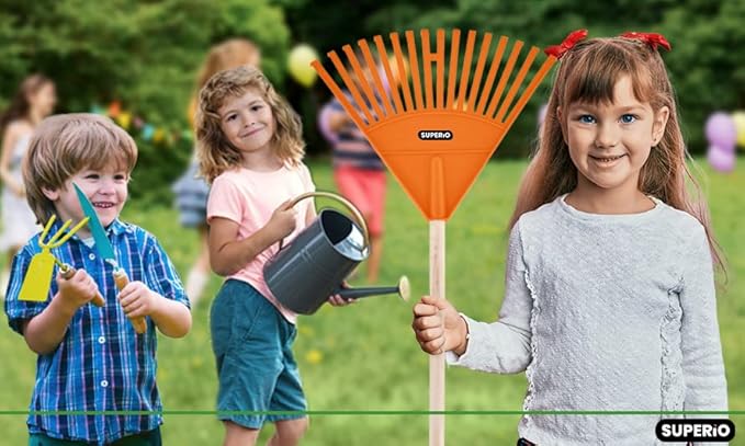 Orange Kids Size Rake, Kids Rake for Lawn with Hardwood Handle, Durable Plastic Head to Sweep Leaves on Lawn and Tidying Up The Garden, 34" by Superio