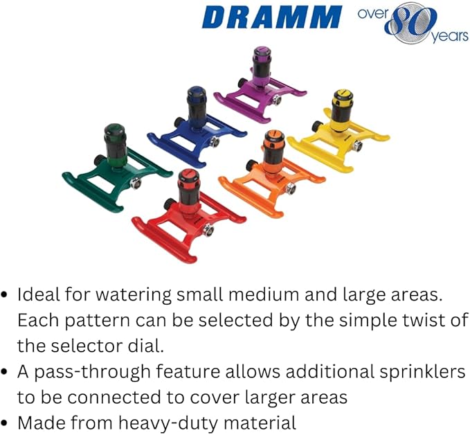 Dramm ColorStorm Gear Drive Sprinkler on Heavy Duty,Durable Metal Base, 4 Patterns, Ideal for Small, Medium & Large Areas with Pass Through Feature, Blue, 40 Foot Diameter