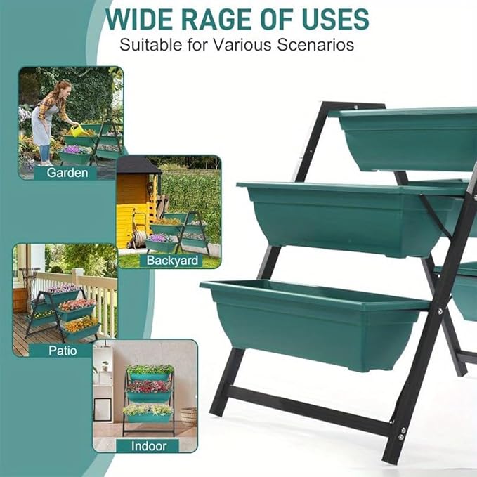 Generic Raised Garden Planter Bed, 5 Tiered Boxes, Vertical Stand for Herbs, Flowers, Vegetables, 65x91x79cm, Green, Green/Black