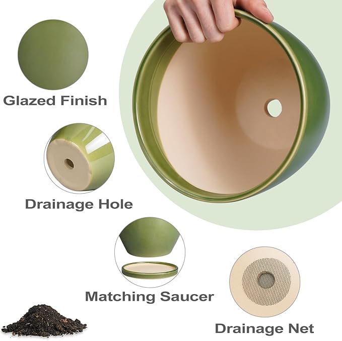 8 Inch Planter - Ceramic Plant Pot with Drainage Hole and Tray Round Planters Modern Flower Pot for Room Home Office Patio Porch Garden Decor Green