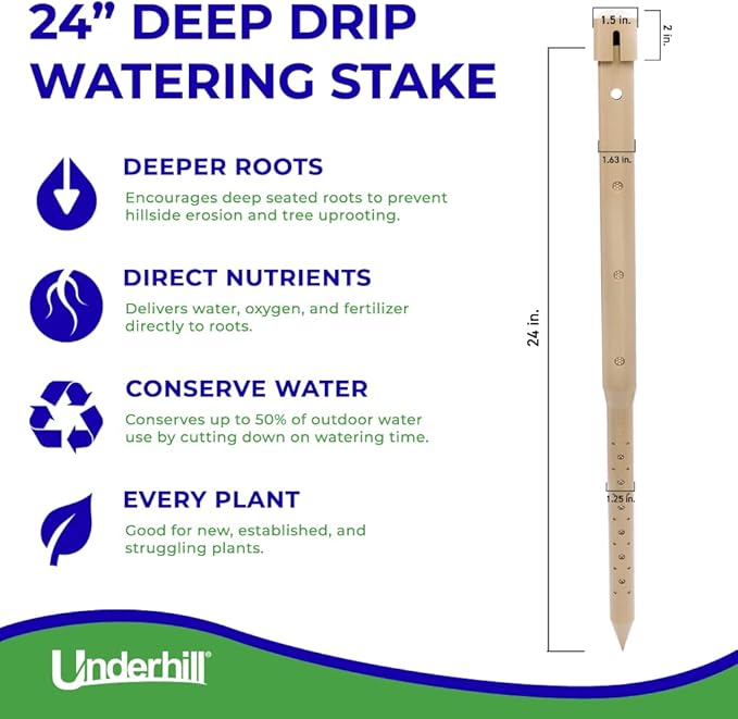 Underhill Deep Drip Irrigation Stakes 24-1/2-Inch, Case of 4 Watering Spikes for Trees with Medium Depth Roots, Drip System Parts Tubes, A-DD24