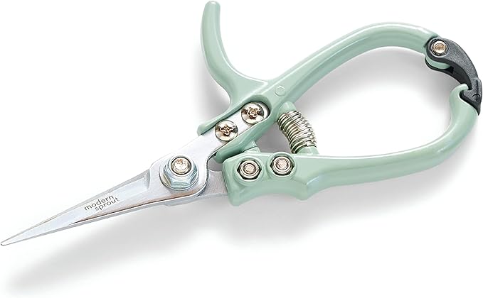 Modern Sprout Pruning Shears for Gardening, Herb Snips, Flower Cutting Scissors, Indoor Plant Shears, Lightweight, Ergonomic, Carbon Steel Blade, Easy-Lock Safety-Catch, Aesthetic, Green, Micro-tip