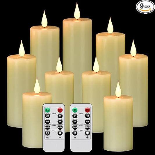 Flameless Flickering Battery Operated Candles 9PACK Real Wax Pillar LED Candles with 10-Key Remote Control and 24 Hours Timer for Wedding, Party, Home Decoration (Ivory)
