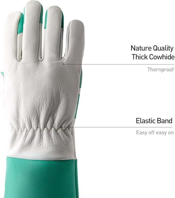 HANDLANDY Long Gardening Gloves for Men & Women, Thorn Proof Rose Pruning Gloves Leather Gauntlets Garden Gloves Yard Work Gloves (XS, Green)