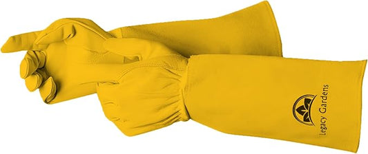 Thorn Resistant Leather Gardening Gloves for Men & Women – Long Gauntlet Rose Pruning Gloves with Forearm Protection for Pruning and Yard Work - Large yellow