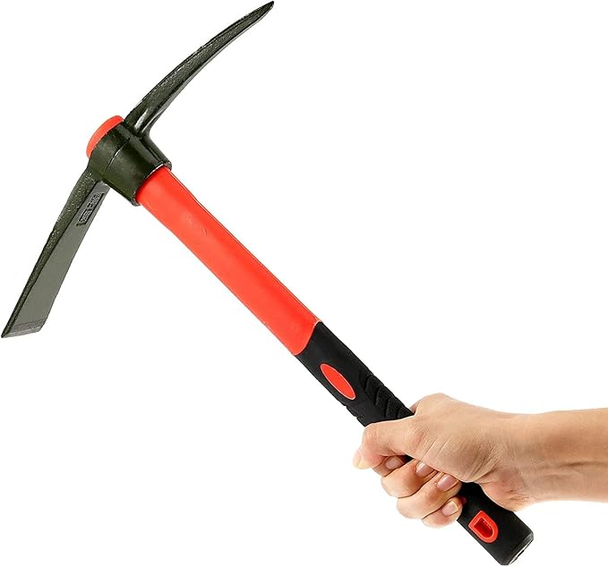 15 Inch Pick Mattock Hoe, Forged Steel Weeding Pick Axe with Fiberglass Long Handle Garden Tool for Digging, Gardening, Camping, Prospecting, Construction Work