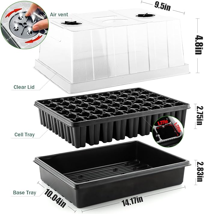 Seed Starter Tray with Tall 5'' Dome-Deep Cell Large Plant Germination Trays, Heavy Duty Seed Starting Kit, 3 Packs(162 Cells) Plant Seedlings Tray with Lid for Balcony Greenhouse (54 Cells per Tray)