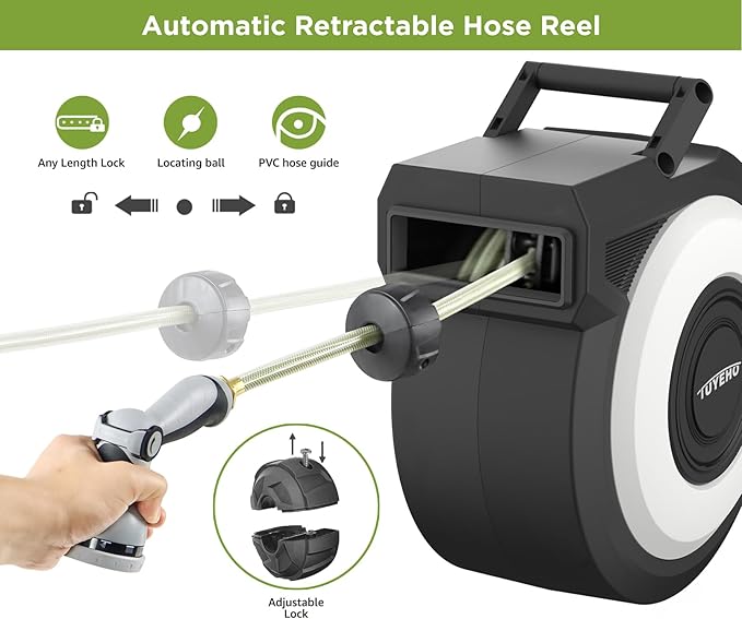 Tuyeho Retractable Garden Hose Reel 130 FT, Wall Mount Heavy Duty Water Hose Reels with Automatic Slow Rewind System, Outdoor Hoses Reel with 2 Hose Nozzles for Garden Watering, Car Wash, Pet Shower