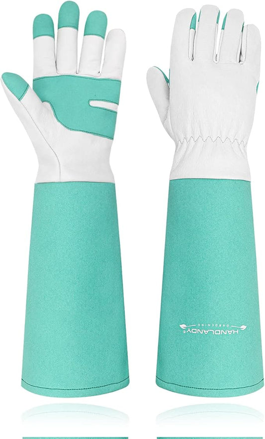 HANDLANDY Long Gardening Gloves for Men & Women, Thorn Proof Rose Pruning Gloves Leather Gauntlets Garden Gloves Yard Work Gloves (Small, Green)