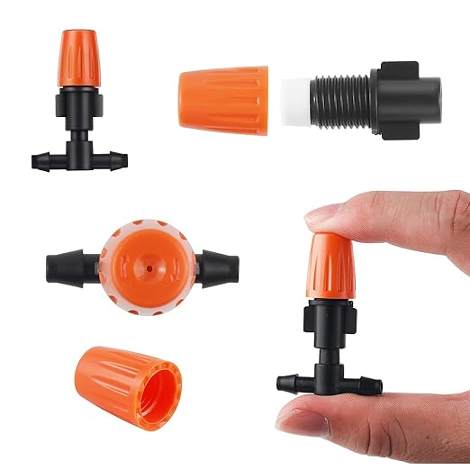 MSDADA 100pcs Micro Spray Adjustable Flow Irrigation Drippers, Garden Adjustable Sprinkler drip Irrigation Mister Heads with 3 Tee Irrigation Misting Drip Kit (Orange)