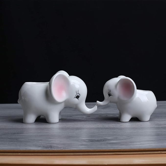 Ogrmar 2PCS Elephant Plant Window Boxes Cute Elephant Flower Pot/Modern White Ceramic Succulent Planter Pots/Tiny Flower Plant Containers Animal Decor