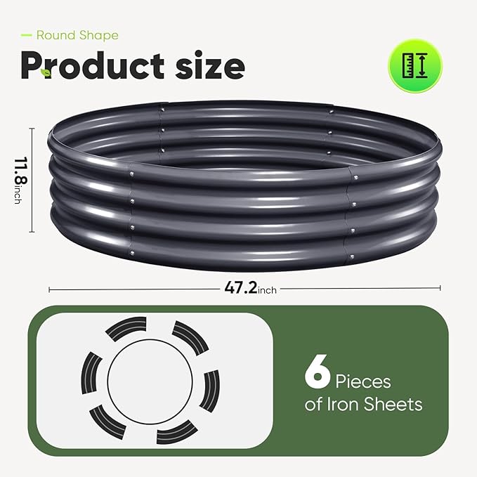 KING BIRD Raised Garden Bed Galvanized Round Planter Box Outdoor for Gardening, Plants, Vegetables, Flowers, Dark Grey, 47x47x12 in