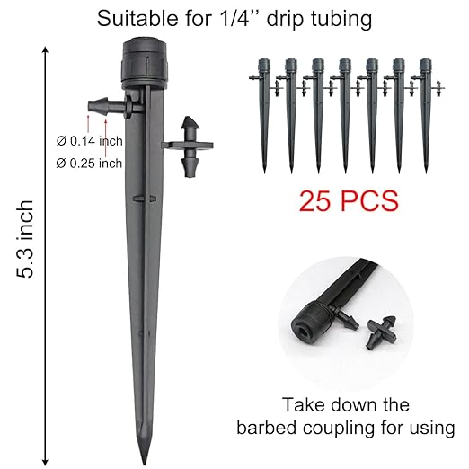 25 Pcs Drip Irrigation Emitters, Adjustable Flow 0-20 GPH Irrigation Drippers with Stake, Full Circle Flow Sprinkler Head, Micro Sprinkler for Garden Patio Lawn Flower Bed