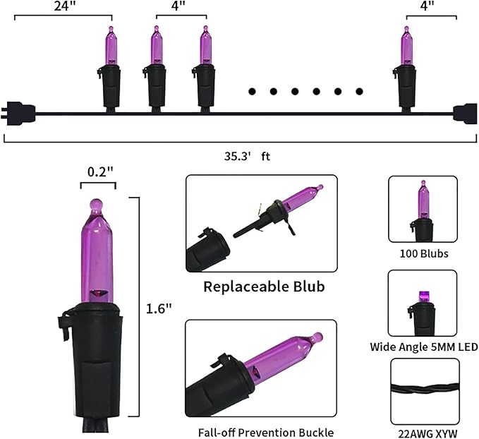 Purple Halloween LED Lights - 2 Pack 100 Count Purple Christmas String Lights for Tree, Party, Holiday, Indoor/Outdoor Halloween Decorations, 2 Sets 33 Feet Black Wire, UL Certified, Connectable