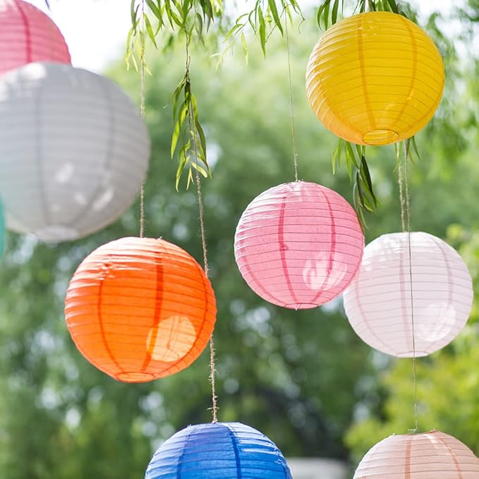 Foclover White Paper Lanterns 12 Pcs 14" Chinese Round Paper Hanging Decorations Ball Lanterns Lamps for Home Decorations, Parties, Birthdays and Weddings