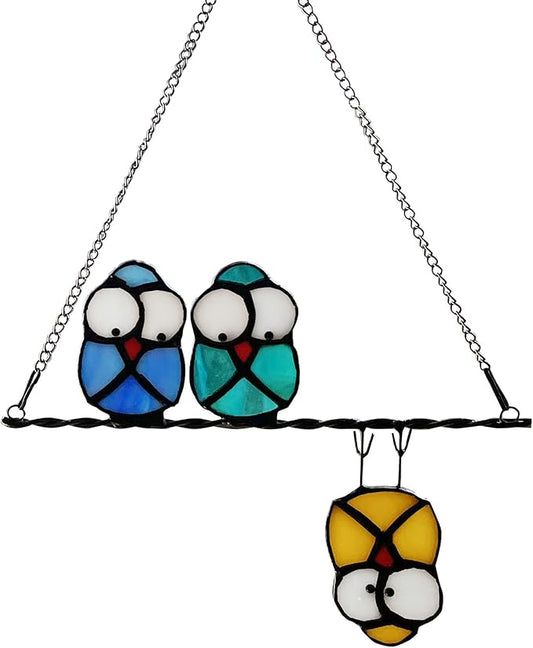 Multicolor Owl on a Wire Stained Glass Window Hanging, Bird Suncatcher for Windows Panels Hangings Hummingbird Ornament Decoration for Wall Home Garden Decor Bird Owl Gift for Owl Lovers