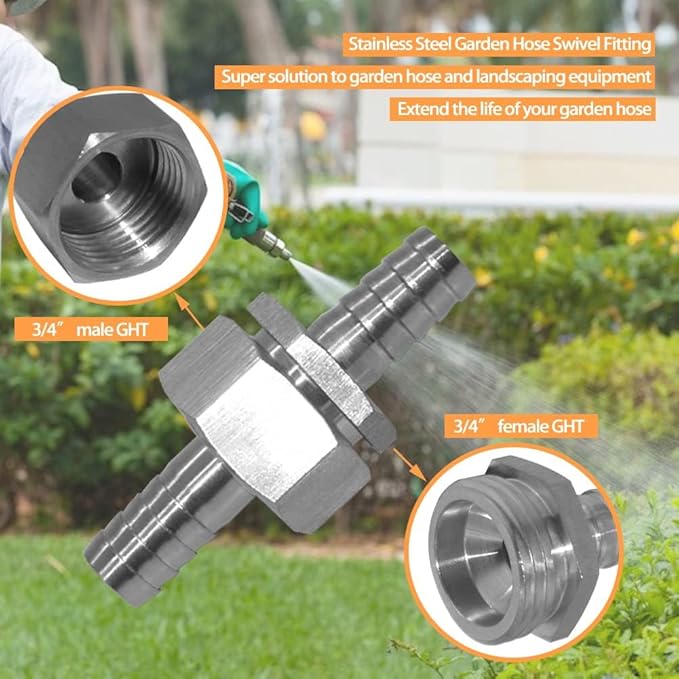 Stainless Steel 3/4" Hose Barb x 3/4" GHT Male Garden Hose Adapter Repair Fitting for Boat Lawn Power Wash Irrigation