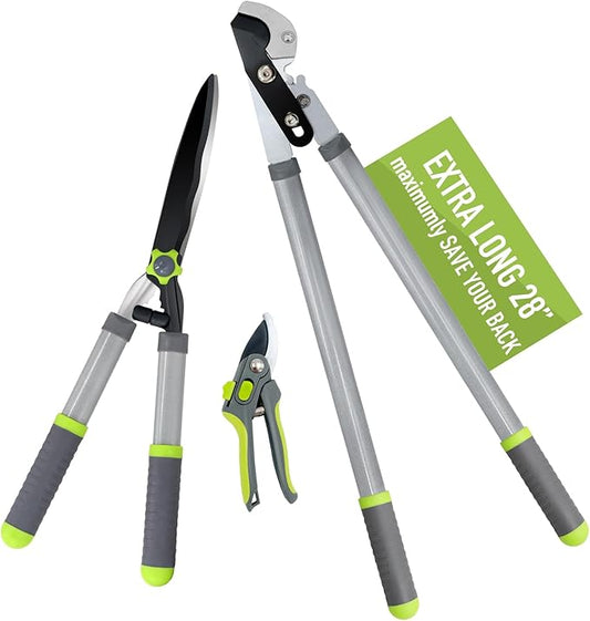 Garden Pruning Shears Hedge Clippers, Updated 3PCS Garden Shears Lopper Combo Set, Branch Cutter with Compound Action, Chops Thick High Branch Ease, Professional Tree Trimmer Set Heavy Duty