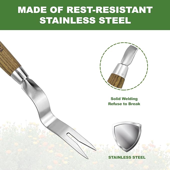 Weed Puller Tool, Hand Weeder with Good Leverage for Easy Pulling Weeds, Heavy Duty Stainless Steel Dandelion Puller Tool, Weed Digger Fork with Comfortable Wood Handle for Removal Dandelion crabgrass