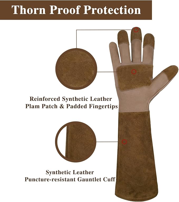 HANDLANDY Long Gardening Gloves for Men & Women, Cowhide Leather Rose Pruning Gloves- Breathable & Durable Gauntlet Gloves (Large, Brown)