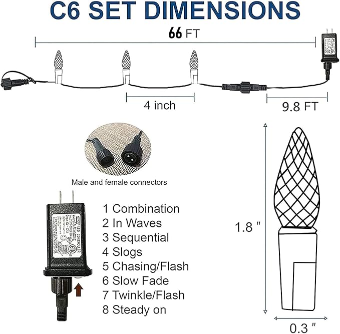 Dazzle Bright C6 Christmas String Lights, 200 LED 66 FT Waterproof Connectable String Lights with Timer, 8 Modes Christmas Lights for Indoor Outdoor Home Garden Yard Xmas Tree Decoration (White)