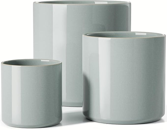 LE TAUCI Ceramic Plant Pots Indoor, 10 Inch 8 Inch 6 Inch Planters for Indoor Plants, Mid-Century Modern Flower Pots with Drainage Hole, Cylinder Round Planter Pots, Set of 3, Reactive Glaze Blue Gray