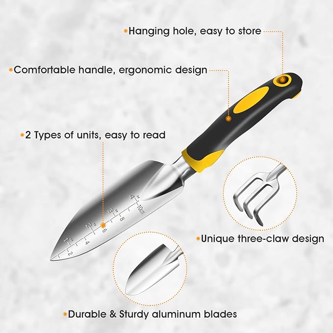 iPower 3Pcs Garden Tool Set, Heavy Duty Aluminum Gardening Kit Includes Hand Trowel, Transplant Trowel and Cultivator Hand Rake, Ergonomic Rubberized Non-Slip Handle