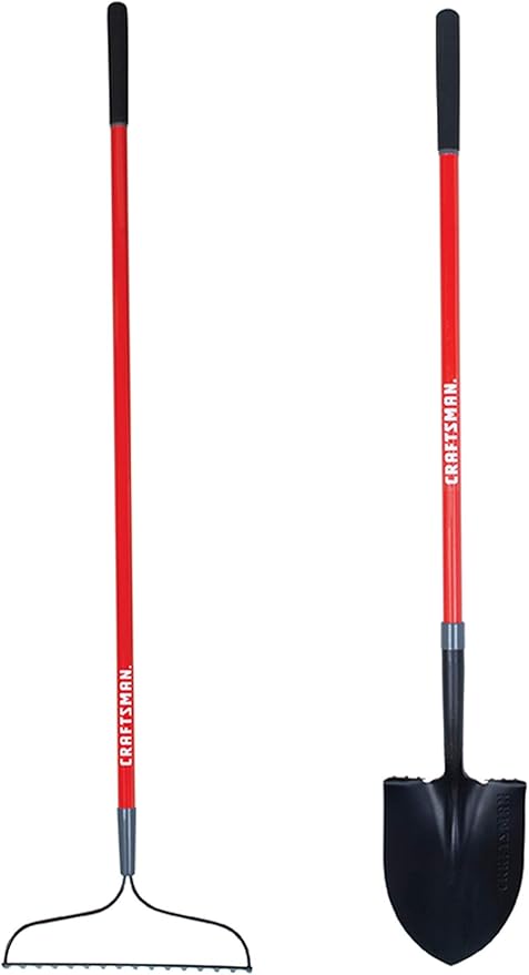 Craftsman 2-Piece Garden Tool Set with Digging Shovel and Bow Rake, Fiberglass Handles, Cushion Grips, for Landscaping, Gardening & Construction