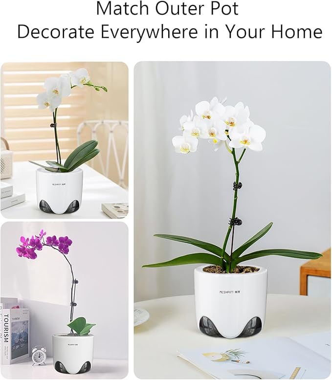 4 inch Orchid Pots with Holes for Repotting,Set of 2,Double Layer Plastic Imitate Ceramic Orchid Planter Provide Good Air Circulation,Clear Orchid Pot Match Decorative Orchid Container