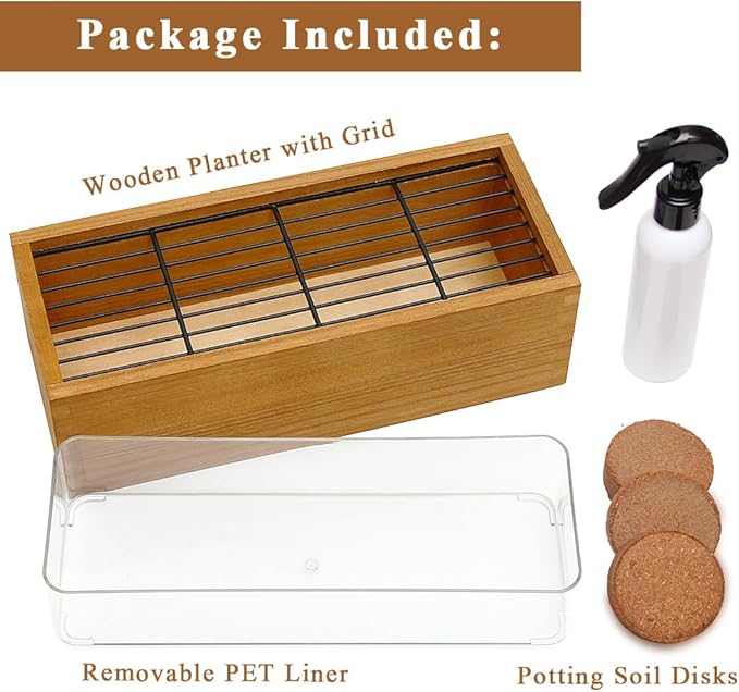 Wooden Cat Grass Planter (no Seeds Included) with Potting Soil Disks, Anti-Digging Grid and Removable Plastic Liner, Wheat Grass Growing Pot, Cat Grass Kit for Indoor Cats Pets (Aged Yellow)