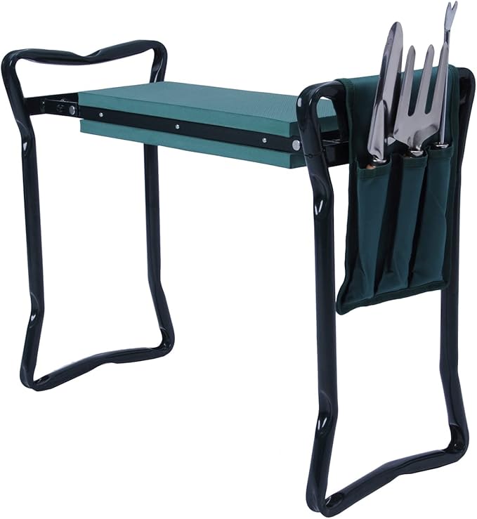 Garden Kneeler Seat Heavy Duty Gardening Bench Stool with 2 Tool Pouch Bags, Eva Soft Foam Pad for Kneeling and Seating, Lightweight Frame