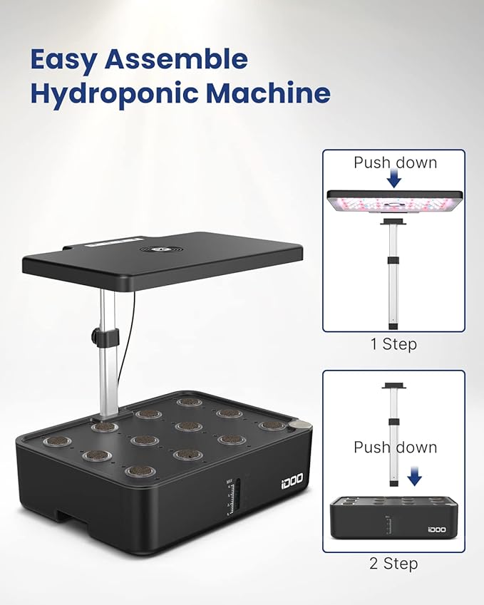 iDOO Hydroponics Growing System Kit 12Pods, Gardening Gifts for Women Mom, Indoor Herb Garden with LED Grow Light, Built-in Fan, Auto-Timer, Adjustable Height Up to 11.3", 12Pods-Black