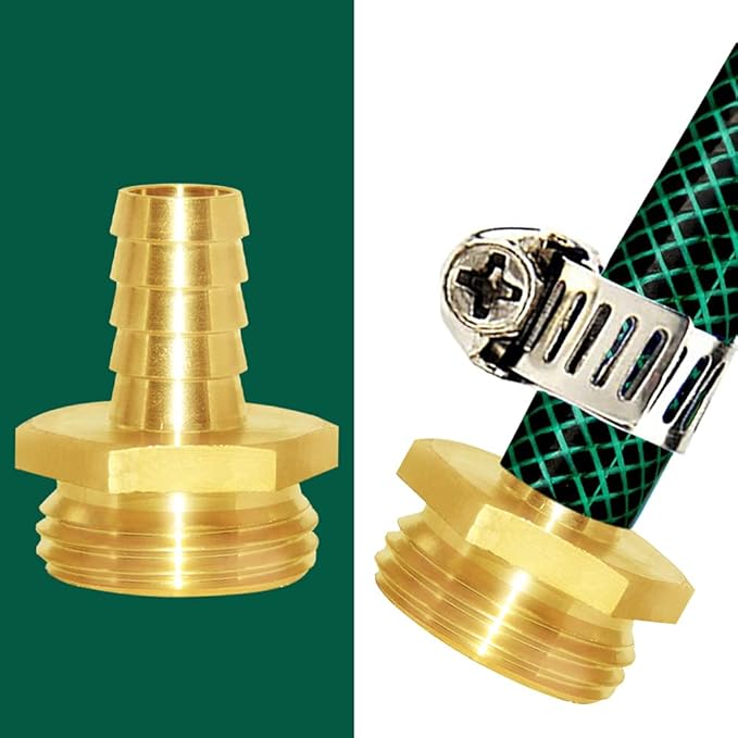 Joywayus 2Pcs 1/2" Barb x 3/4" Male GHT Thread Hex Brass Garden Water Hose Pipe Connector Copper Fitting with Stainless Clamp House/Boat/Lawn/Power Wash/Irrigation