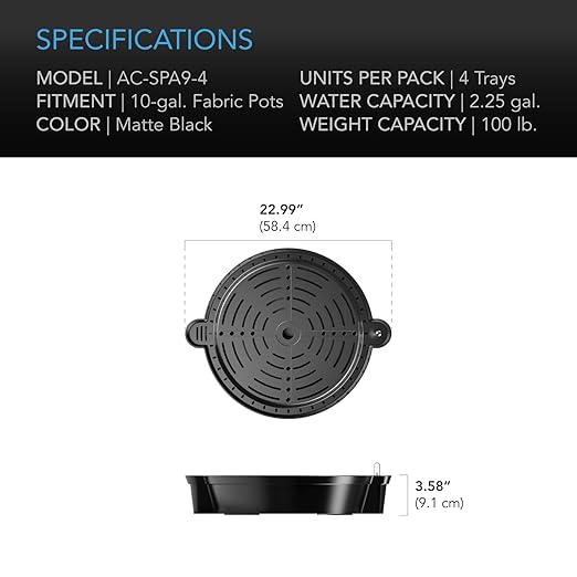 AC Infinity Self-Watering Fabric Pot Base XL, 4-Pack Auto-Irrigation Water Delivery System with Reservoir Meter, Extra Large Elevated Plant Saucers for Indoor Grow Tents, Greenhouses, Outdoor Gardens