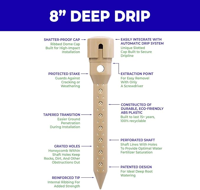 Underhill Deep Drip Irrigation Stakes 8-Inch, Watering Spikes for Trees, Flowers, Fruits, and Small Plants, Drip System Tubes, A-DD08-4, Case of 4