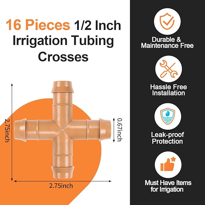 16 Pieces Drip Irrigation Cross Fittings, 1/2'' Drip Line Barbed Cross Tee Connectors for 1/2 Inch Irrigation Tubing 4-way Cross for Garden Drip Sprinkler Systems