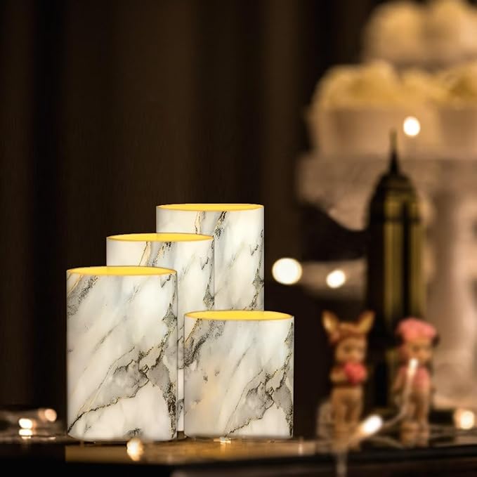 Flameless LED Candles Electric Candles with Remote Timer Control Color Changing Long Lasting Pillar Candles Tealights for Home Indoor Outdoor Decoration Pack of 4, Grey White Marble