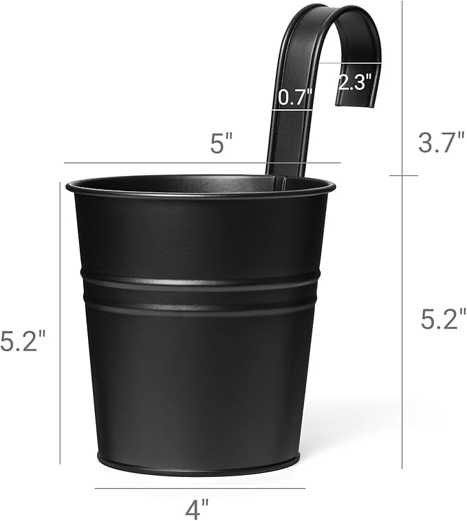 Dahey 10 Pcs Hanging Flower Pots Metal Iron Bucket Outdoor Planter for Railing Fence Balcony Garden Home Decoration Flower Holders with Detachable Hooks, Black, 5 Inches