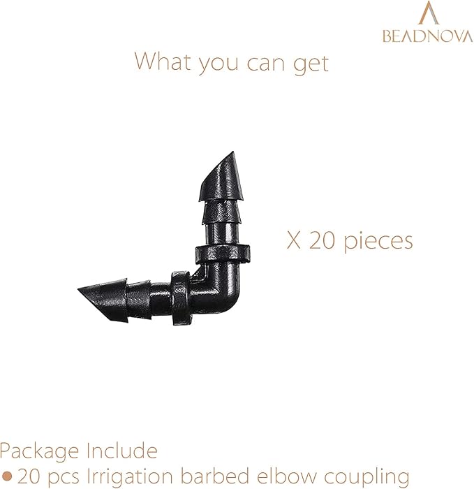 BEADNOVA Drip Irrigation Parts 20 Pcs 1/4 Inch Barbed Elbow Couplings Drip Irrigation Fittings Drip Line Connectors for 1/4 Inch Irrigation Tubing Garden Watering System (20pcs)